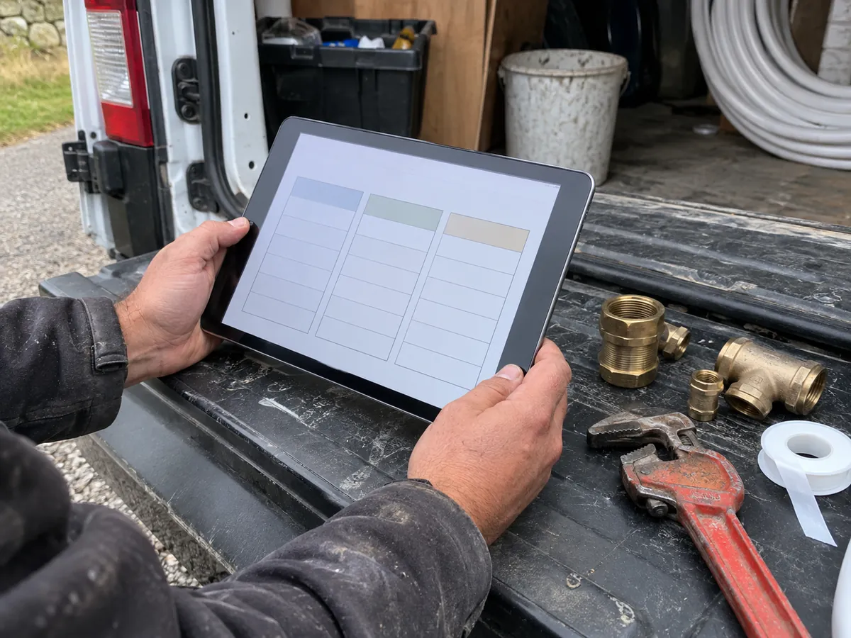 A plumber comparing phone plans on a tablet propped against a toolbox in the back of a work van