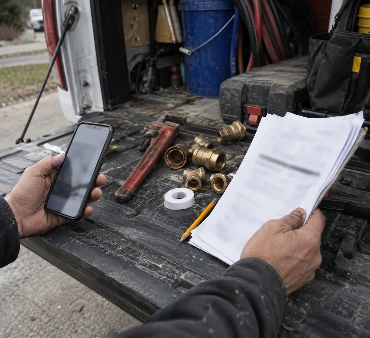 A plumber's hands holding a phone in one hand and a stack of invoices in the other on the open tailgate of a work van, beside brass fittings and a pipe wrench