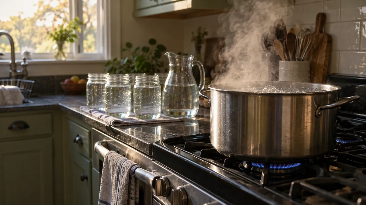 A stainless steel stockpot boiling on a gas stove, with a glass pitcher and jars of water cooling on the kitchen counter beside it
