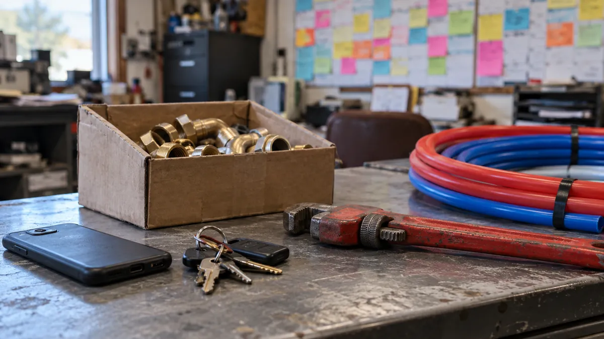 A cell phone, van keys, a red pipe wrench, a box of brass fittings, and a coil of red and blue PEX tubing on a worn steel desk, with a schedule board covered in sticky notes blurred in the background