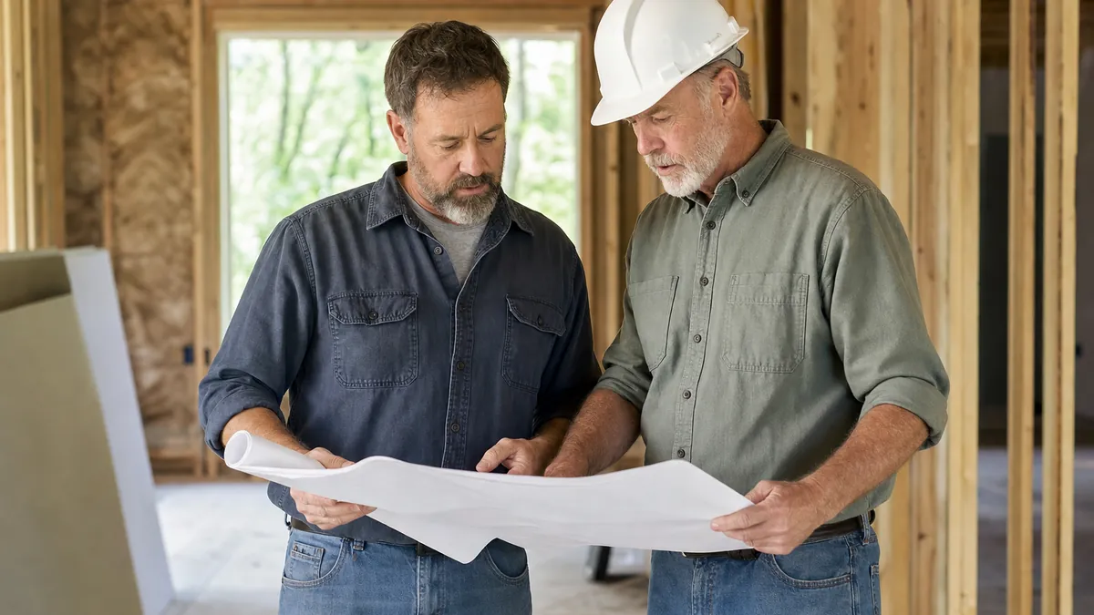 A plumber and a general contractor in a hard hat reviewing plans at a residential construction site
