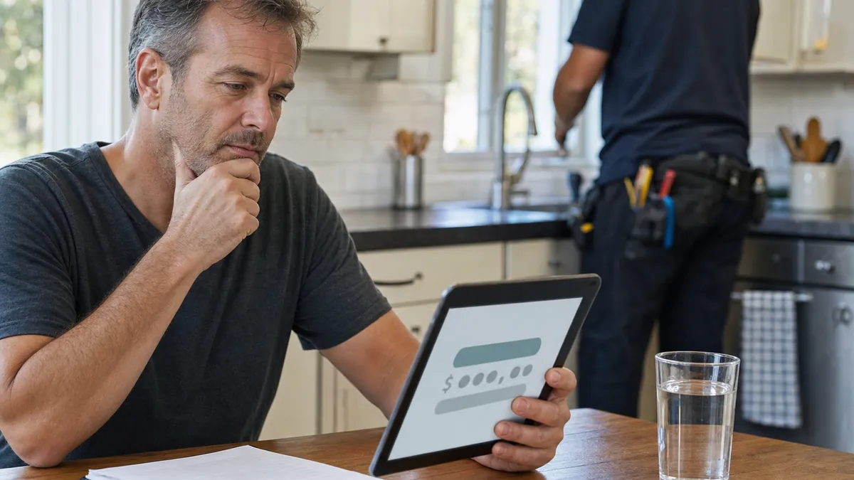 A homeowner at a kitchen table looking at a tablet showing a monthly payment option for a repair