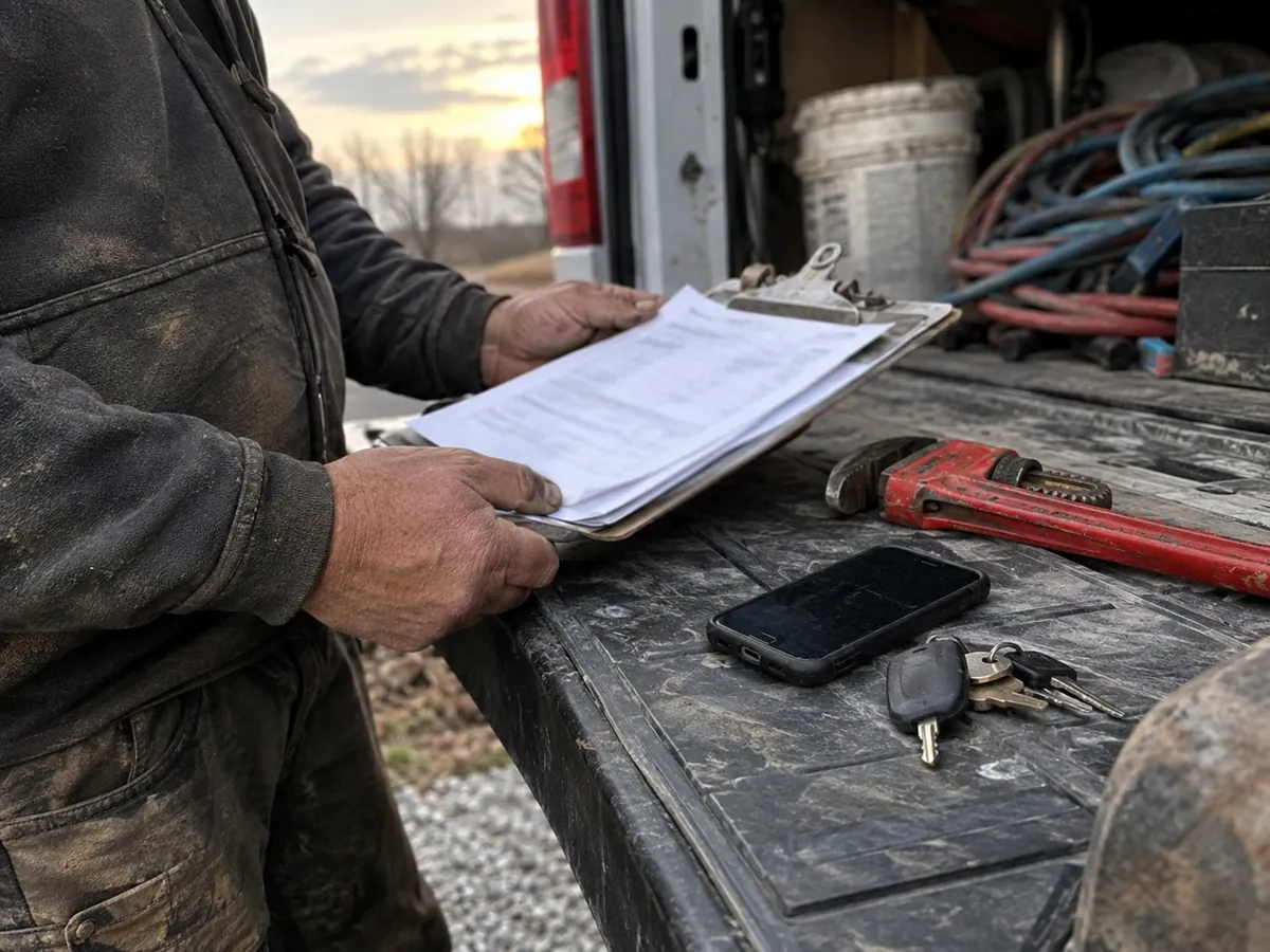 A plumber in dirty work clothes holding a clipboard of paperwork on the open tailgate of a work van at dusk, with a pipe wrench, phone, and keys beside them