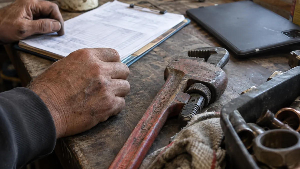 A plumber's hands resting on an invoice clipboard beside a pipe wrench and a tablet on a workshop bench