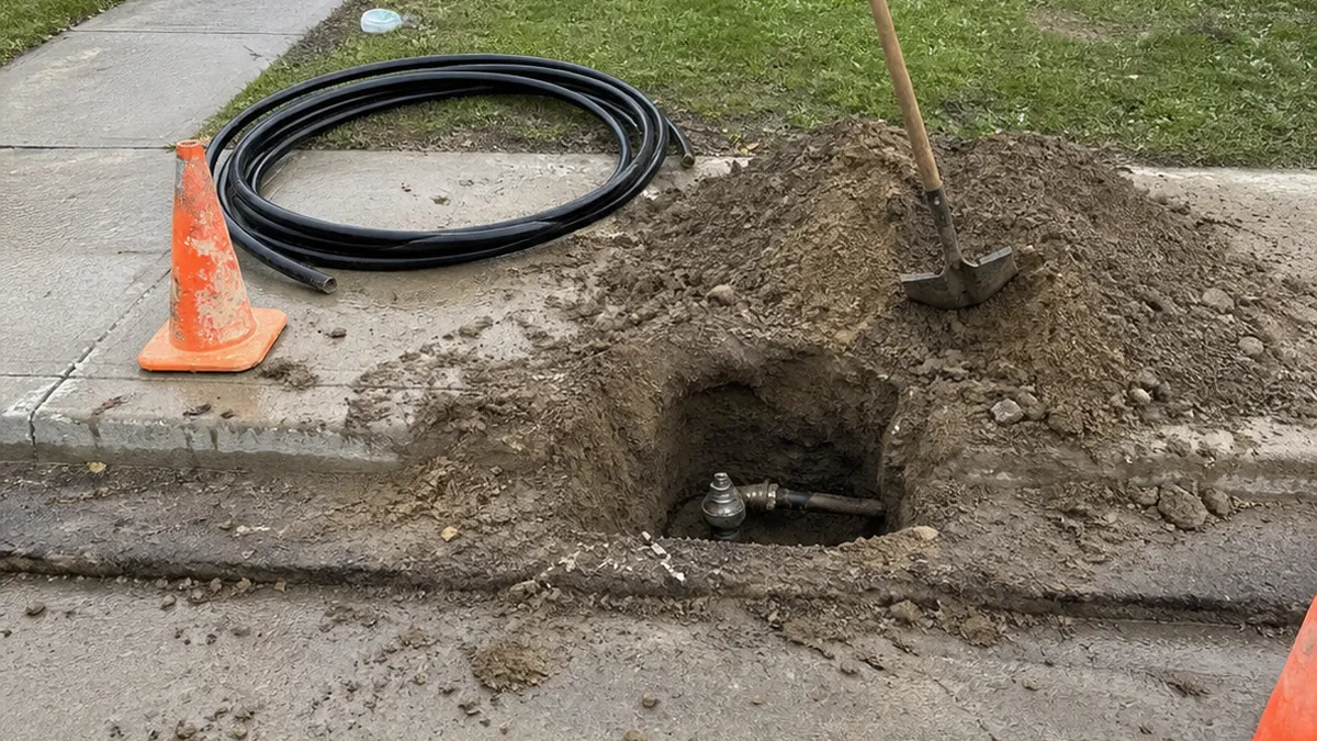 An excavated water service line trench at the curb in front of a house