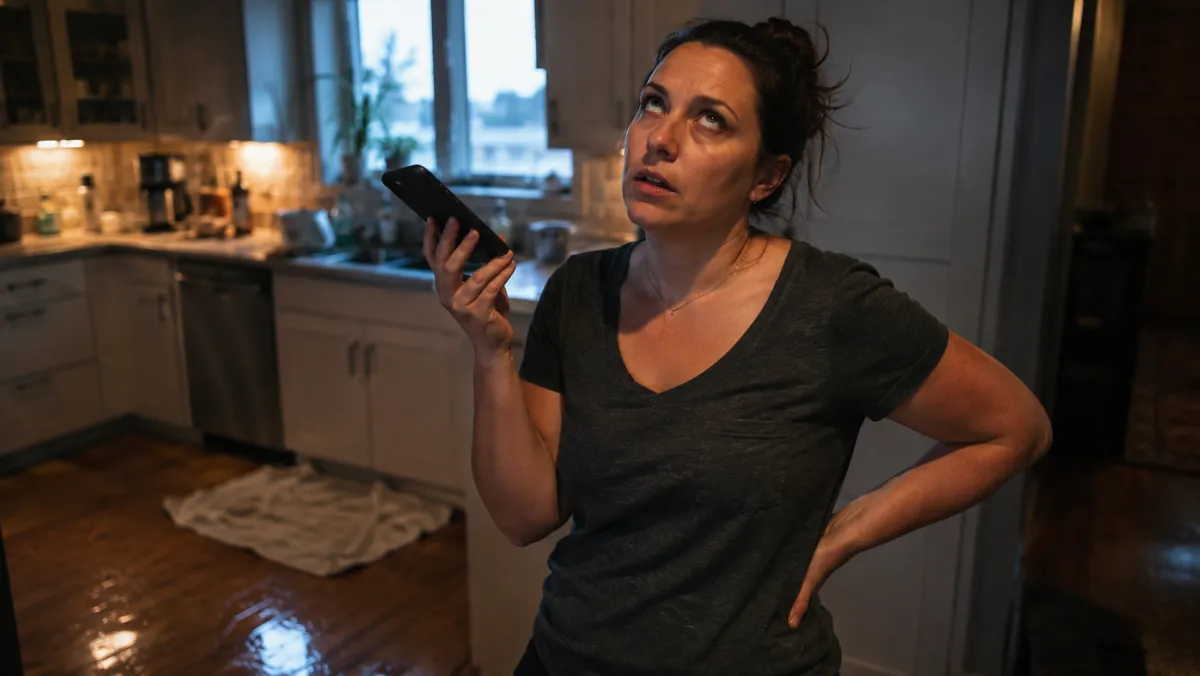 A frustrated homeowner holding a phone away from her ear in a kitchen with a water leak