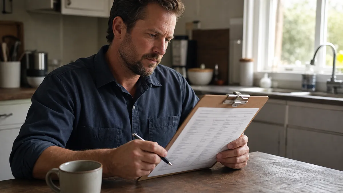 A plumber at a kitchen table reviewing a flat-rate pricing book on a clipboard
