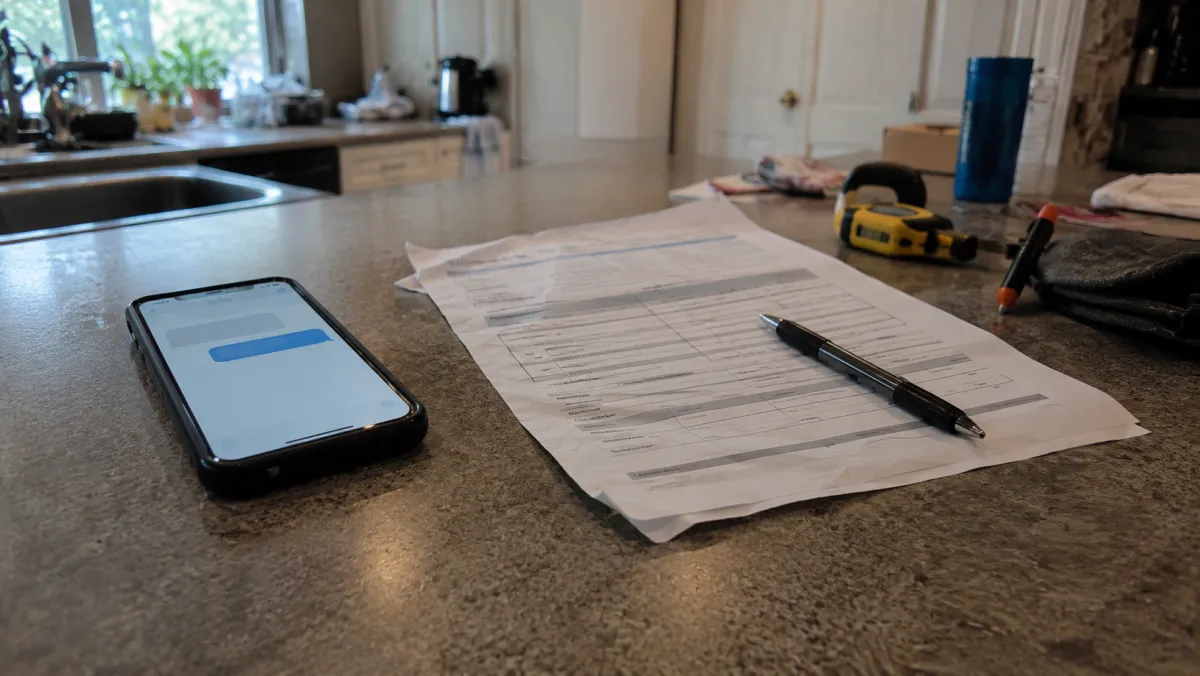 A smartphone showing a text beside a printed quote and pen on a kitchen counter