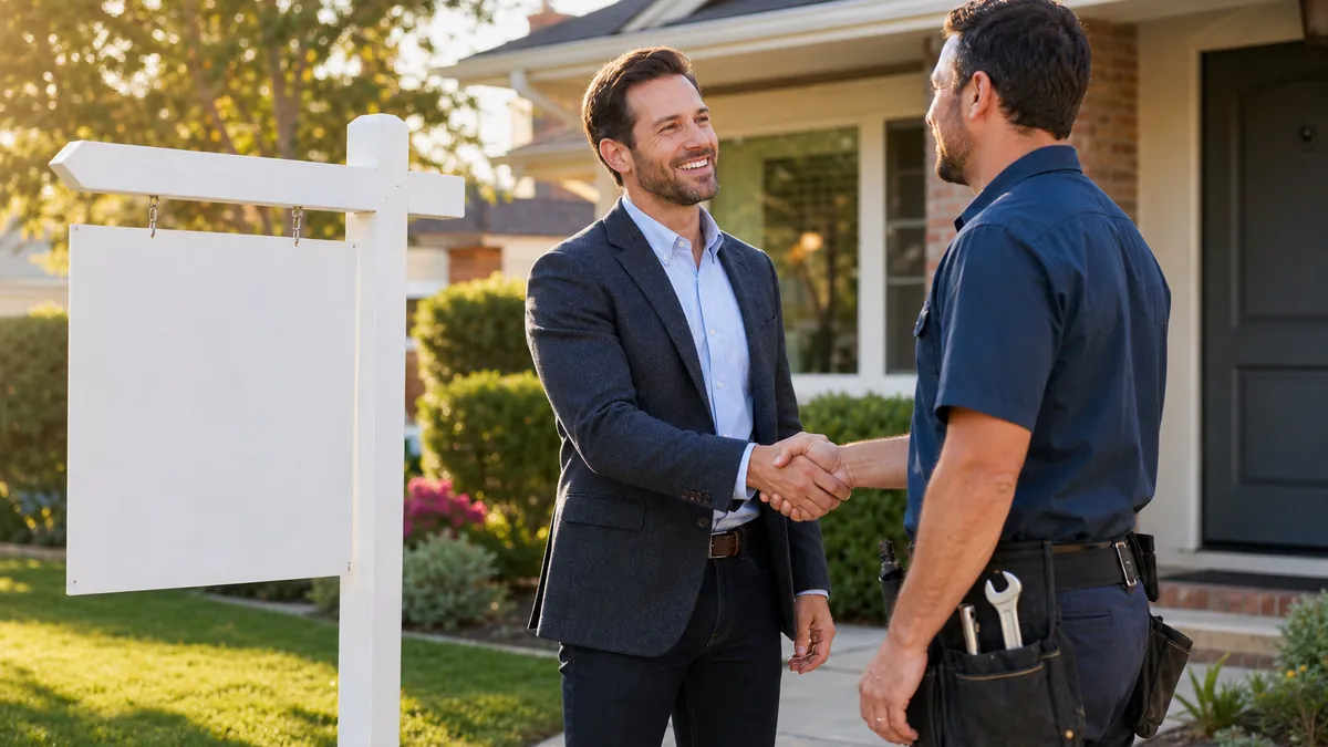 A real estate agent and a plumber shaking hands in front of a house with a for-sale sign