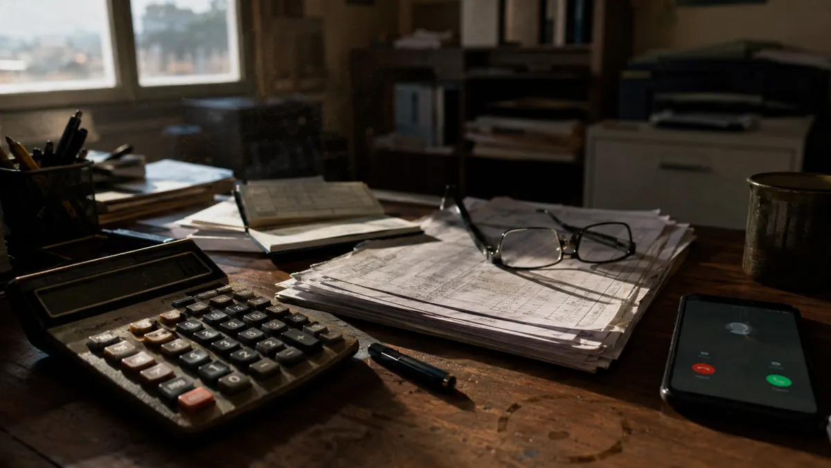 A calculator and payroll paperwork next to a ringing phone on a plumber's desk