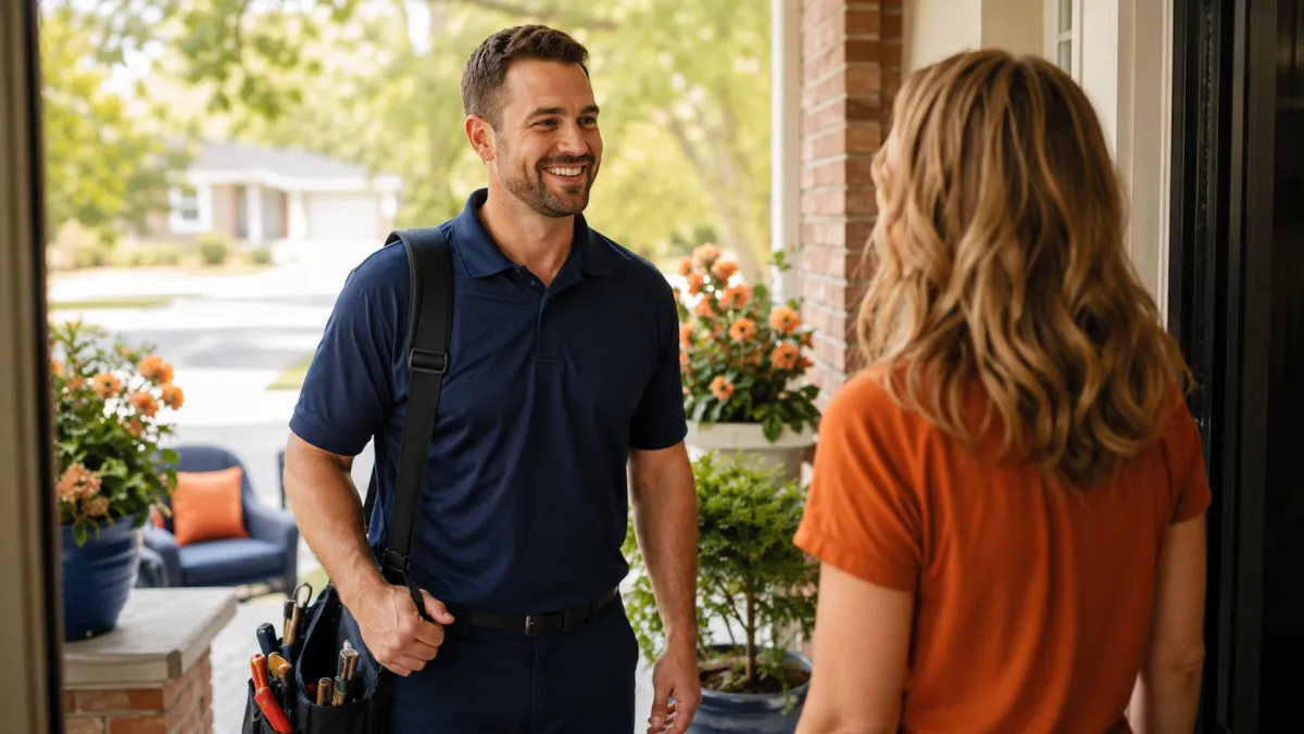 A plumber in a navy polo welcomed back at the door by a returning customer