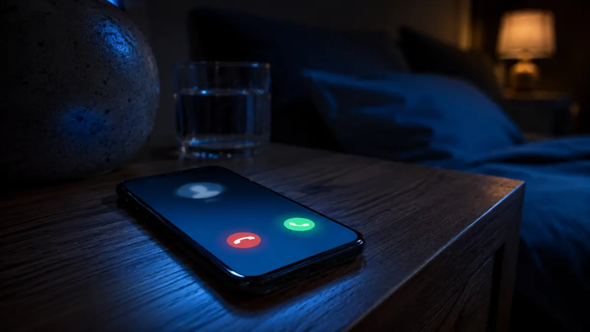 A smartphone glowing with a late-night incoming call on a dark nightstand