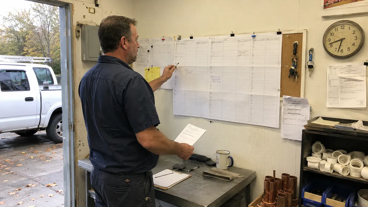 A plumber reviewing a sparse paper schedule on a shop wall in early fall