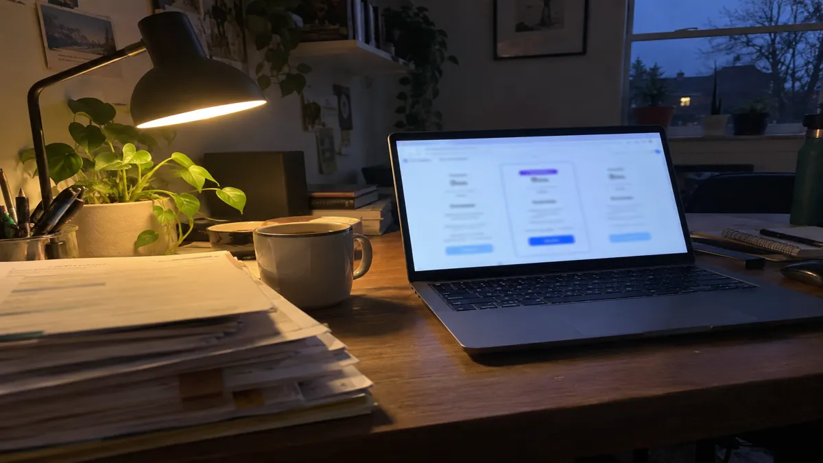 A laptop showing a blurred three-tier software pricing page on a cluttered evening desk, next to a stack of paperwork and a coffee mug