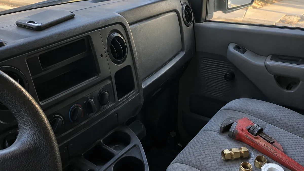A smartphone lying face down on the dashboard of a work van, with a red pipe wrench, brass fittings, and a roll of thread seal tape on the passenger seat